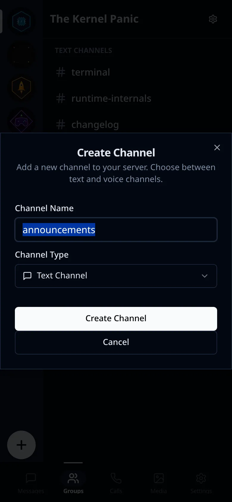 Lupyd Channel Creation Mobile Interface
