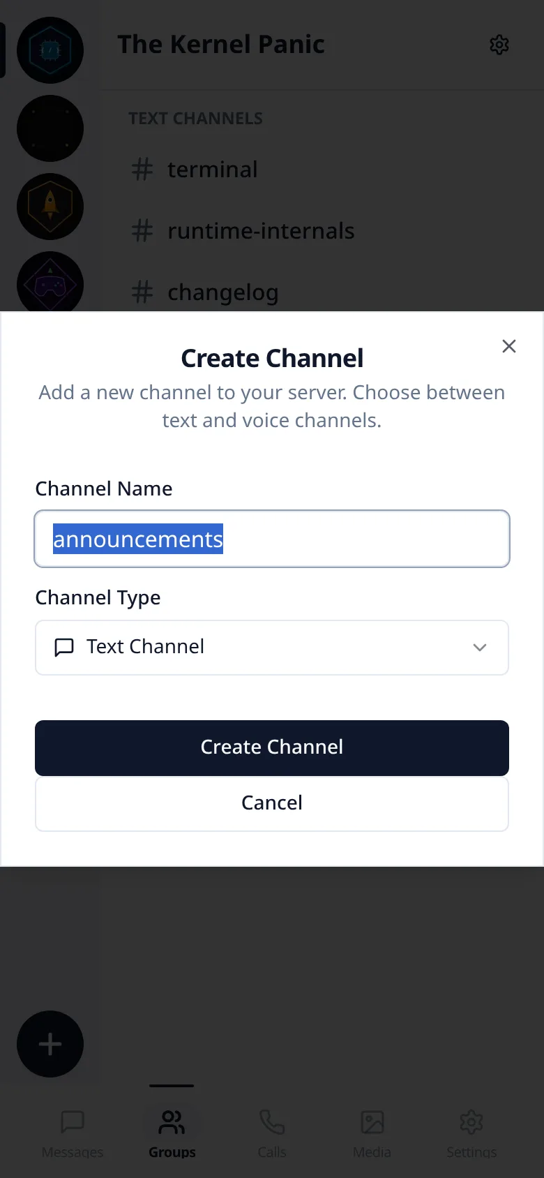 Lupyd Channel Creation Mobile Interface